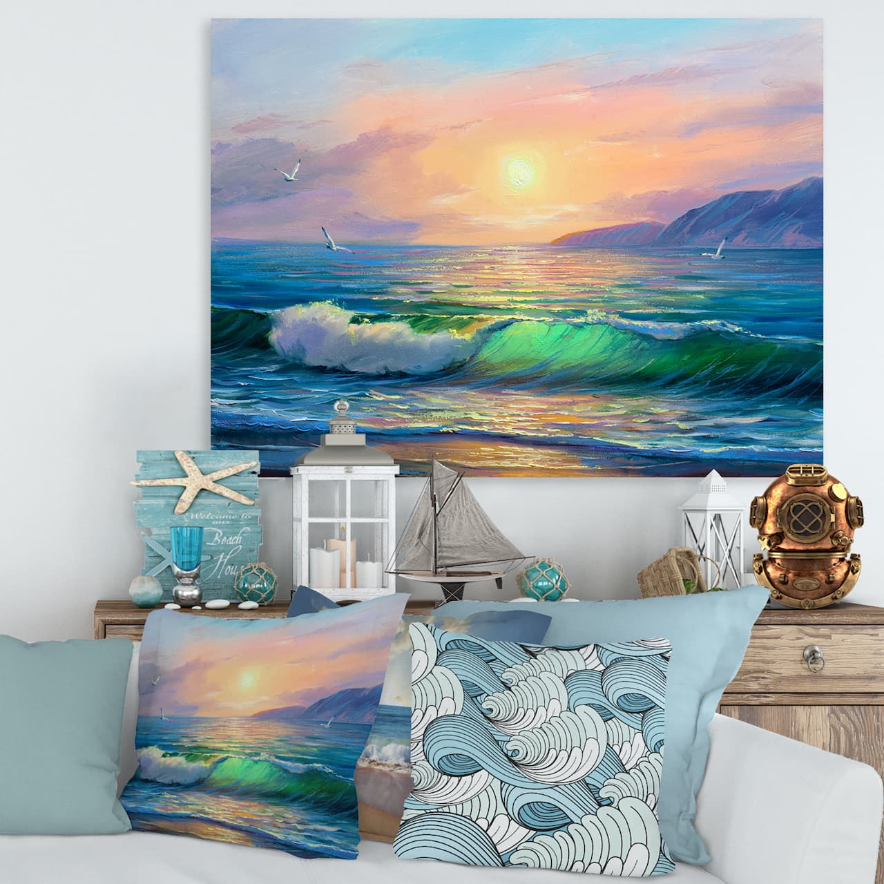 Designart - Blue Waves Breaking At The Beach V - Nautical & Coastal Canvas Wall Art Print